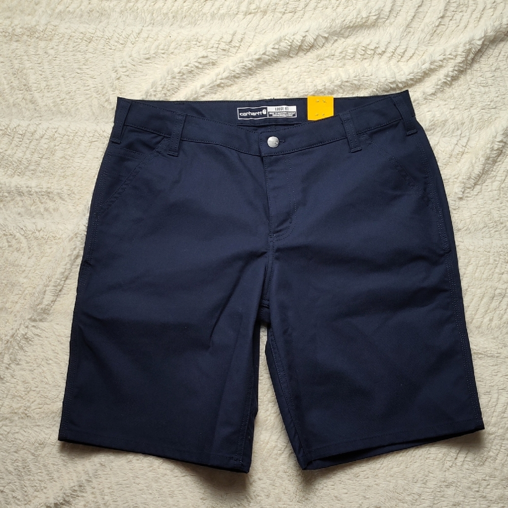 New Womens Carhartt Canvas Work Shorts Size 12 Navy Blue Loose Fit Rugged Flex